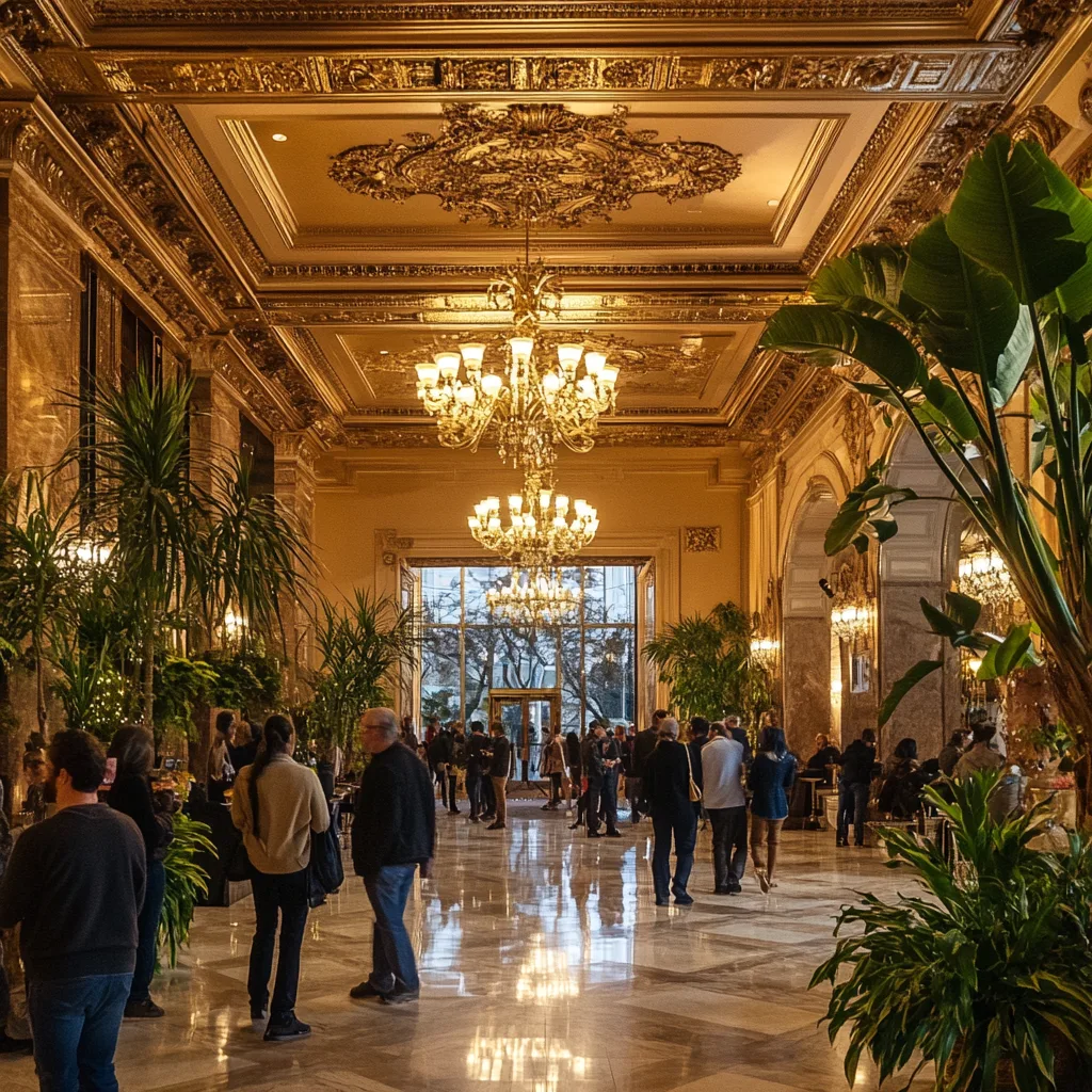 A grand theater lobby bustling with excited attendees, preparing for an unforgettable experience. The high ceilings feat