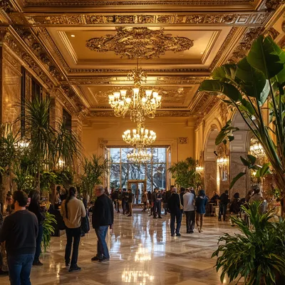 A grand theater lobby bustling with excited attendees, preparing for an unforgettable experience. The high ceilings feat