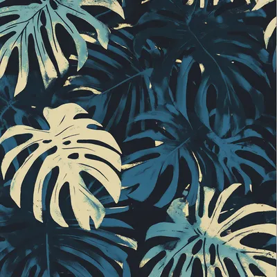 simple silkscreen pattern, dark and tropical, monstera leaves
