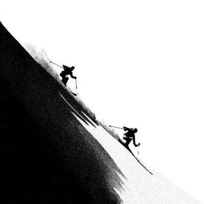 giant slalom women crashing down mountain, ski accident, single skier, minimalist black and white editorial illustration