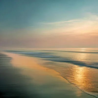 Cinematic abstract seascape at sunrise soft radiant light breaking over the horizon, luminous gradients in Rosewood (#ED