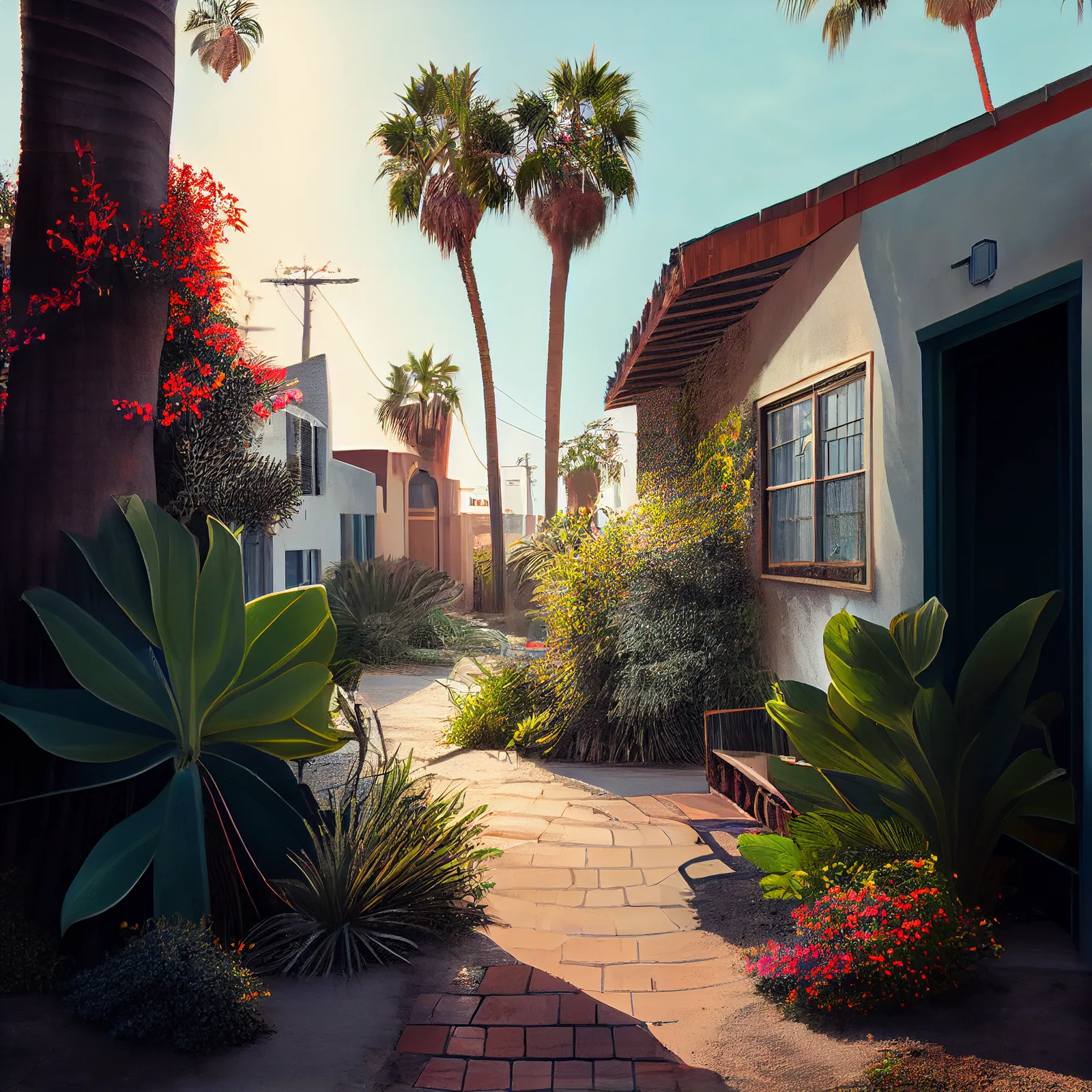 good morning, venice california, sunshine, beach, lush garden, hyper realistic --upbeta