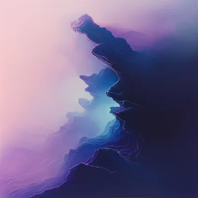 Abstract, ethereal form resembling a dark, cloud-like shape with lightning-like patterns of deep purple and soft turquoi