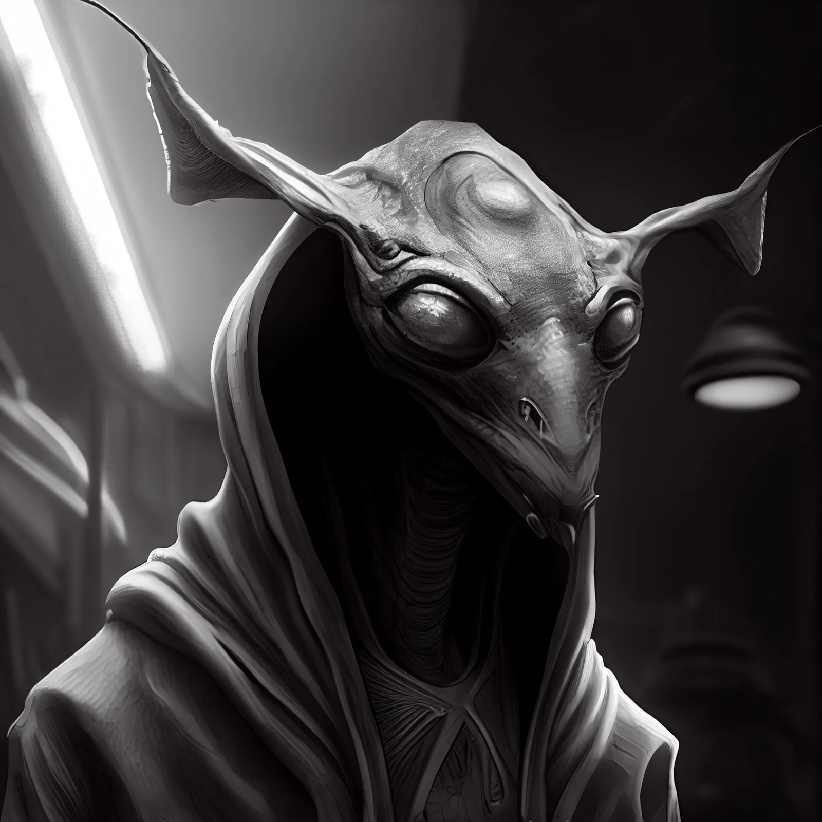 hyper realistic alien, no eyes, marauding, spaceship, noir --upbeta