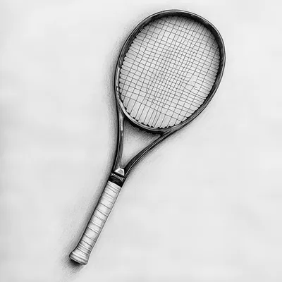 black and white vine charcoal sketch of a tennis racquet, simple shapes