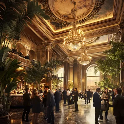 A grand theater lobby bustling with excited attendees, preparing for an unforgettable experience. The high ceilings feat