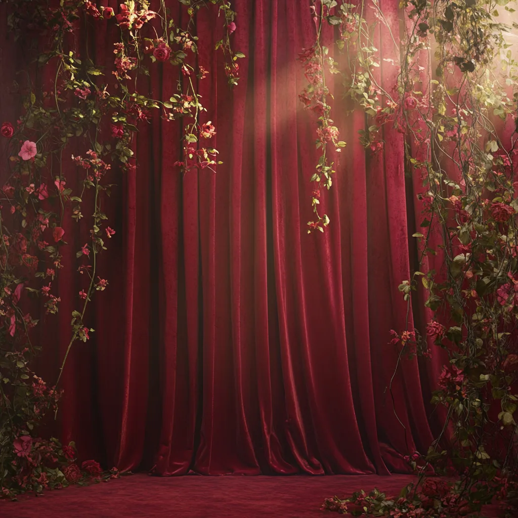 Massive theater curtains, deep red and heavy with history, subtly intertwined with fine strands of ivy and tiny blooming