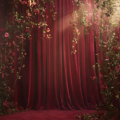 Massive theater curtains, deep red and heavy with history, subtly intertwined with fine strands of ivy and tiny blooming
