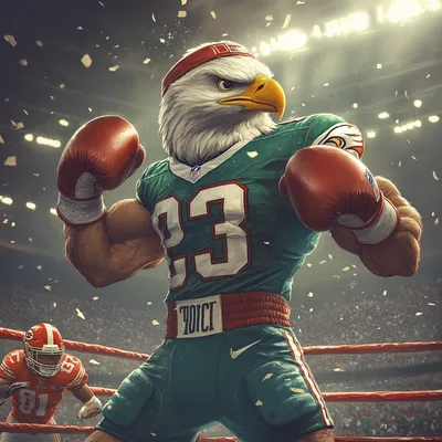 Create a dynamic and humorous Super Bowl party poster featuring a bald eagle personified as Rocky Balboa, wearing a Phil