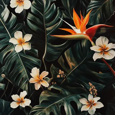 dark and tropical repeating pattern wallpaper, bird of paradise flower, white flowers, California poppy flowers, monster