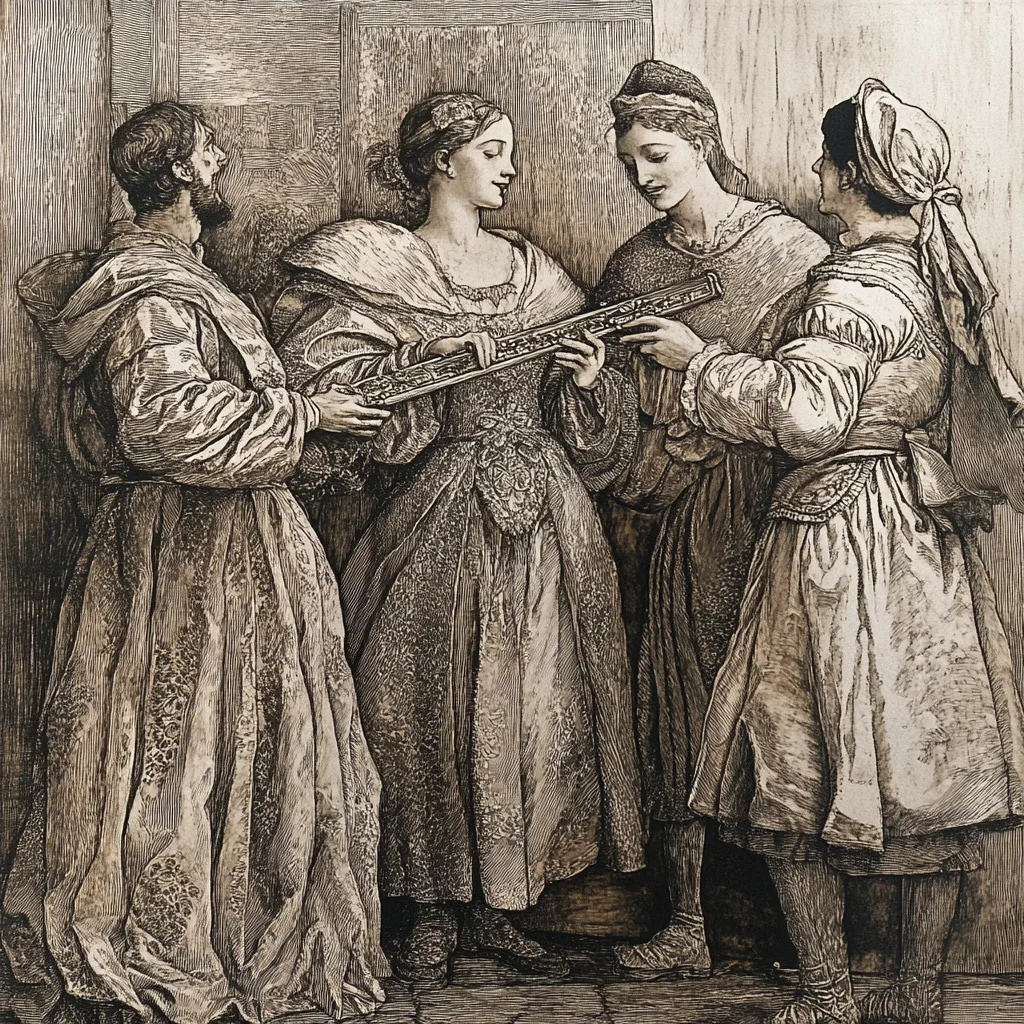Renaissance actors playing a flute in a detailed copper-etched style, capturing the intricate textures and imperfections