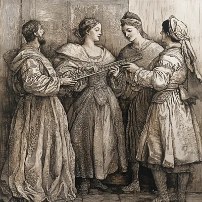 Renaissance actors playing a flute in a detailed copper-etched style, capturing the intricate textures and imperfections