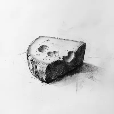 black and white vine charcoal sketch of a piece of cheese, simple shapes