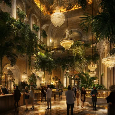 A grand theater lobby bustling with excited attendees, preparing for an unforgettable experience. The high ceilings feat
