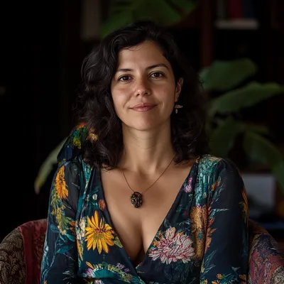 portrait, dark background, 35-year-old woman, graphic designer, urban resident in São Paulo, enjoys dancing, avid reader