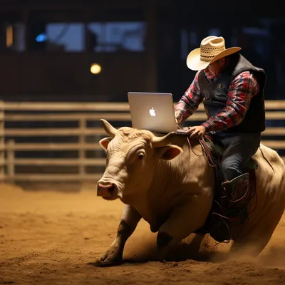 bull rider riding a bull on a laptop --upbeta