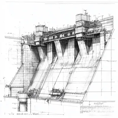Highly detailed black and white architectural technical drawing of a large hydroelectric dam, blueprint style, orthograp