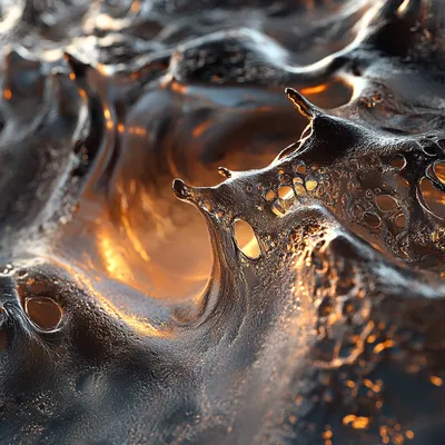 A hyper-realistic close-up of molten lead. The material appears viscous, with intricate details of light refractions and