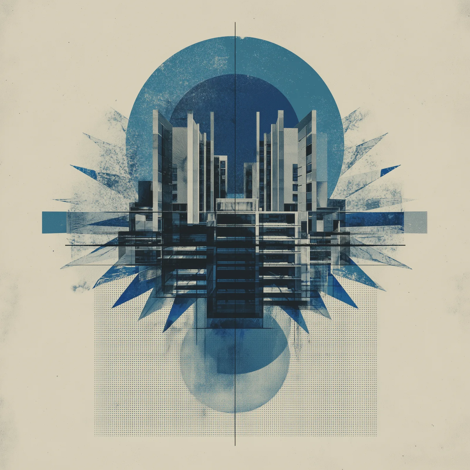Abstract constructivist composition representing shared infrastructure, radial symmetry or stacked layers, isolated form