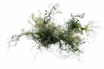 an abstract scientific specimen representing a better future: a delicate moss and lichen colony growing outward from a c