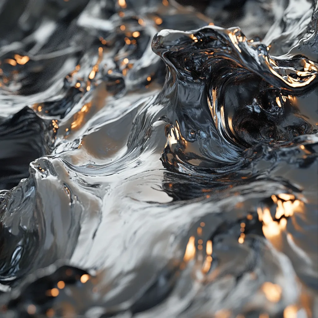 Explosive hyper-realistic close-up of molten lead. The material appears viscous, with intricate details of light refract