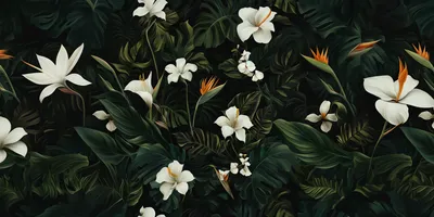 dark and tropical wallpaper with white flowers, bird of paradise, California poppies, monstera leaves --ar 2:1
