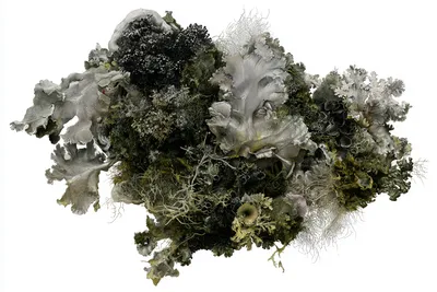 an abstract botanical specimen of moss and lichen, a low dense organic colony spreading laterally rather than growing as