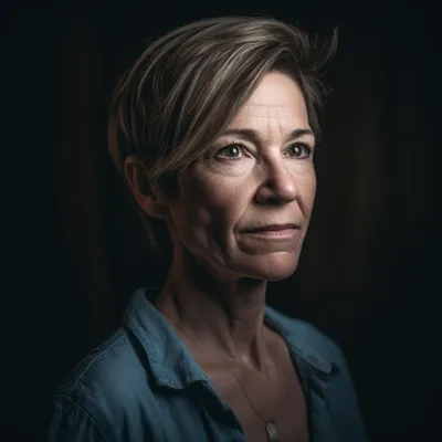 Portrait photo of a middle aged woman, the portrait is shot on a mirrorless camera, a 50mm prime lens, and a dramatic li