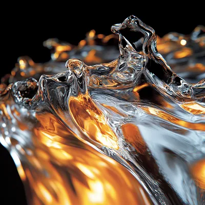 Explosive hyper-realistic close-up of molten glass. The material appears viscous, with intricate details of light refrac
