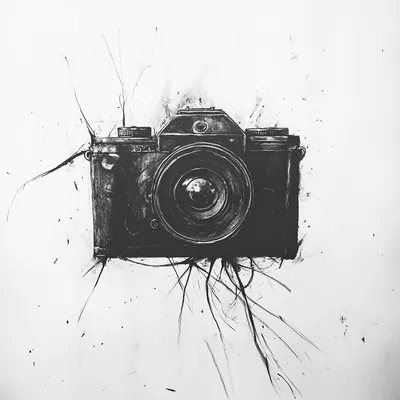 black and white vine charcoal sketch of a piece of a camera, simple shapes