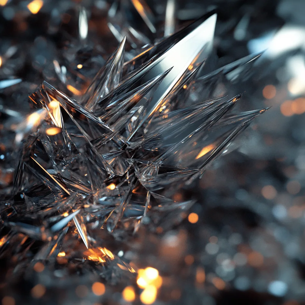 Explosive hyper-realistic close-up of chards of metal. The material appears pointy, with intricate details of light refr