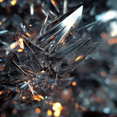 Explosive hyper-realistic close-up of chards of metal. The material appears pointy, with intricate details of light refr