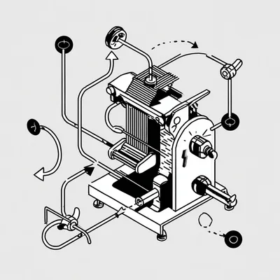 flat vector process diagram of a pasta extruder, black and white, arrows connecting steps, thin linework, simple backgro