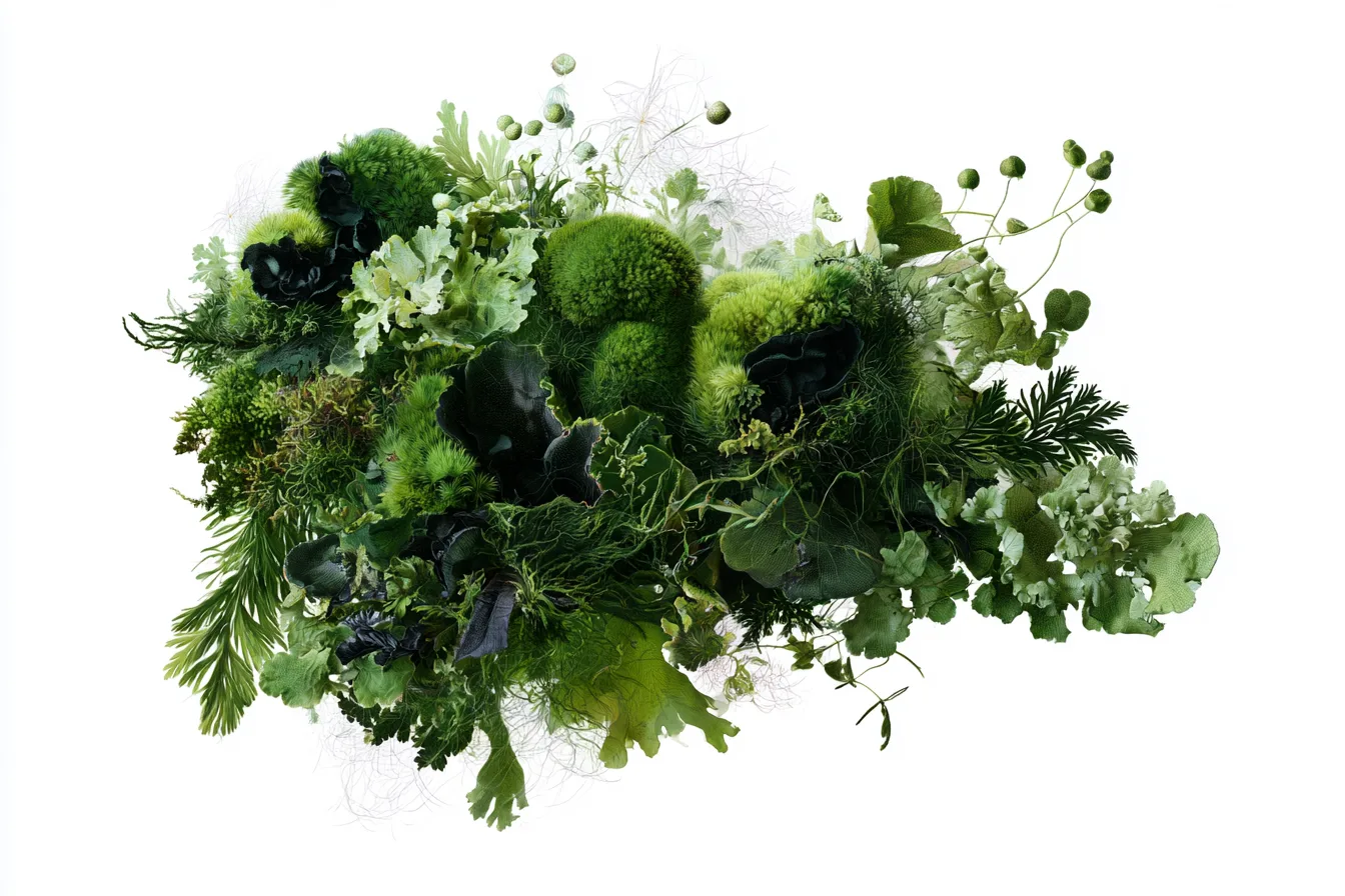 Abstract botanical specimen: a thriving moss and lichen colony, low and laterally spreading in a compact irregular cushi