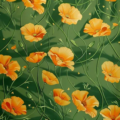 California poppy patten, growing upwards, twisting, green background