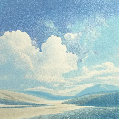Expansive abstract landscape in soft halftone and heavy dithered texture, light-filled path or valley leading toward a d