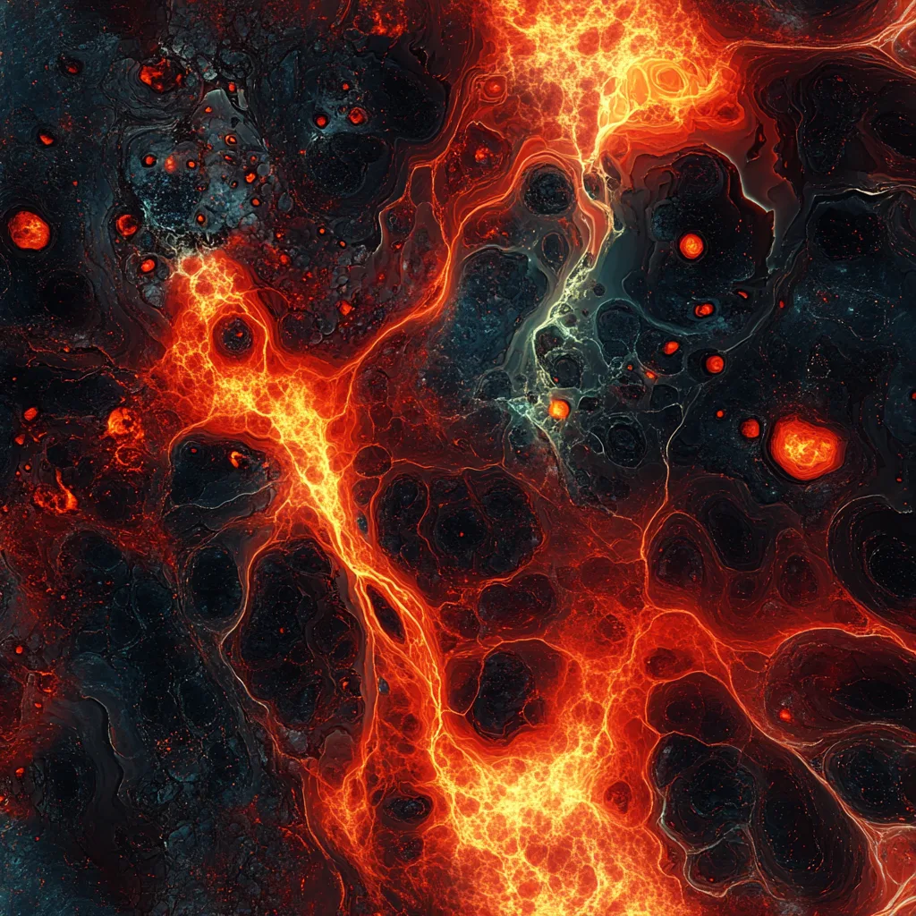 Molten abstract shapes of fiery reds, oranges, and volcanic blacks, with glowing embers scattered throughout. The design