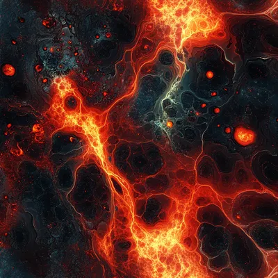 Molten abstract shapes of fiery reds, oranges, and volcanic blacks, with glowing embers scattered throughout. The design