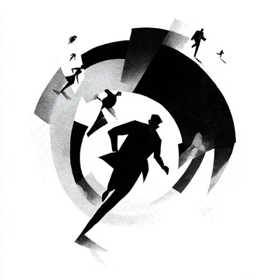 complicated disorientated spinning in isolation, minimalist black and white editorial illustration, bold flat silhouette