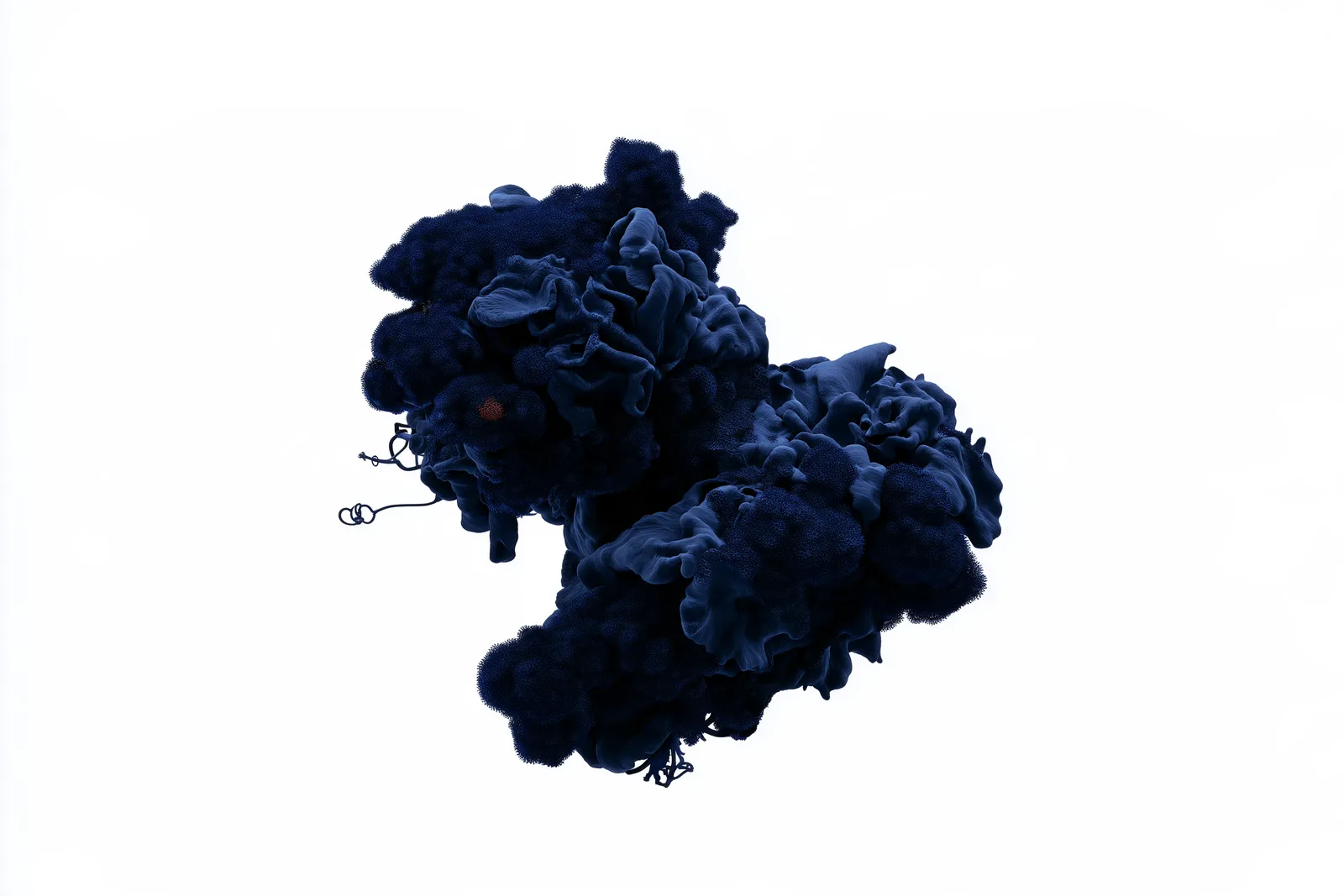 a very small, dainty, floating abstract moss-and-lichen specimen: one elegant compact cluster no larger than one-sixth o