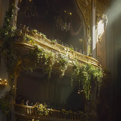 Elegant theater balconies, each with patrons immersed in the show, their private spaces enhanced by delicate trailing vi