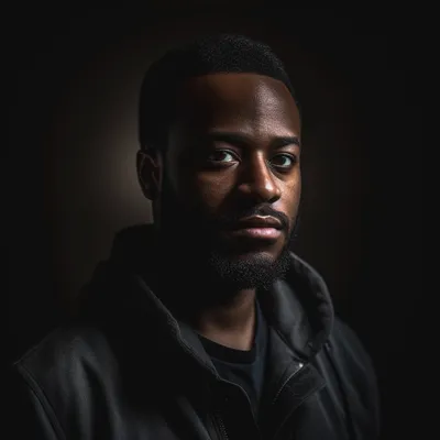 Portrait photo of a 30 year old black man, the portrait is shot on a mirrorless camera, a 50mm prime lens, and a dramati