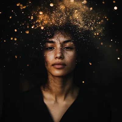 portrait of person, dark background, with these values as items exploding behind portrait, care deeply about sustainabil