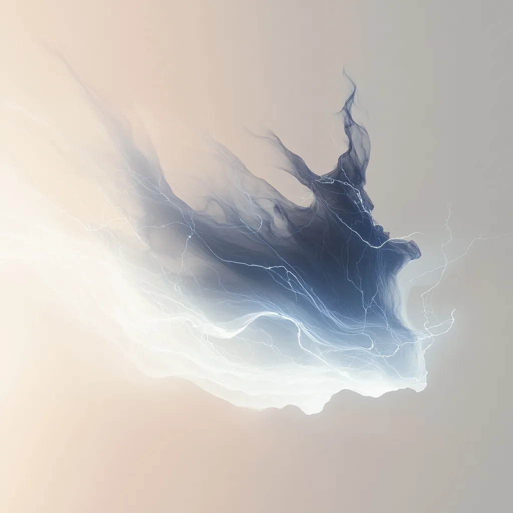 Abstract, ethereal form resembling a dark, cloud-like shape with lightning-like patterns of white and blue energy flowin