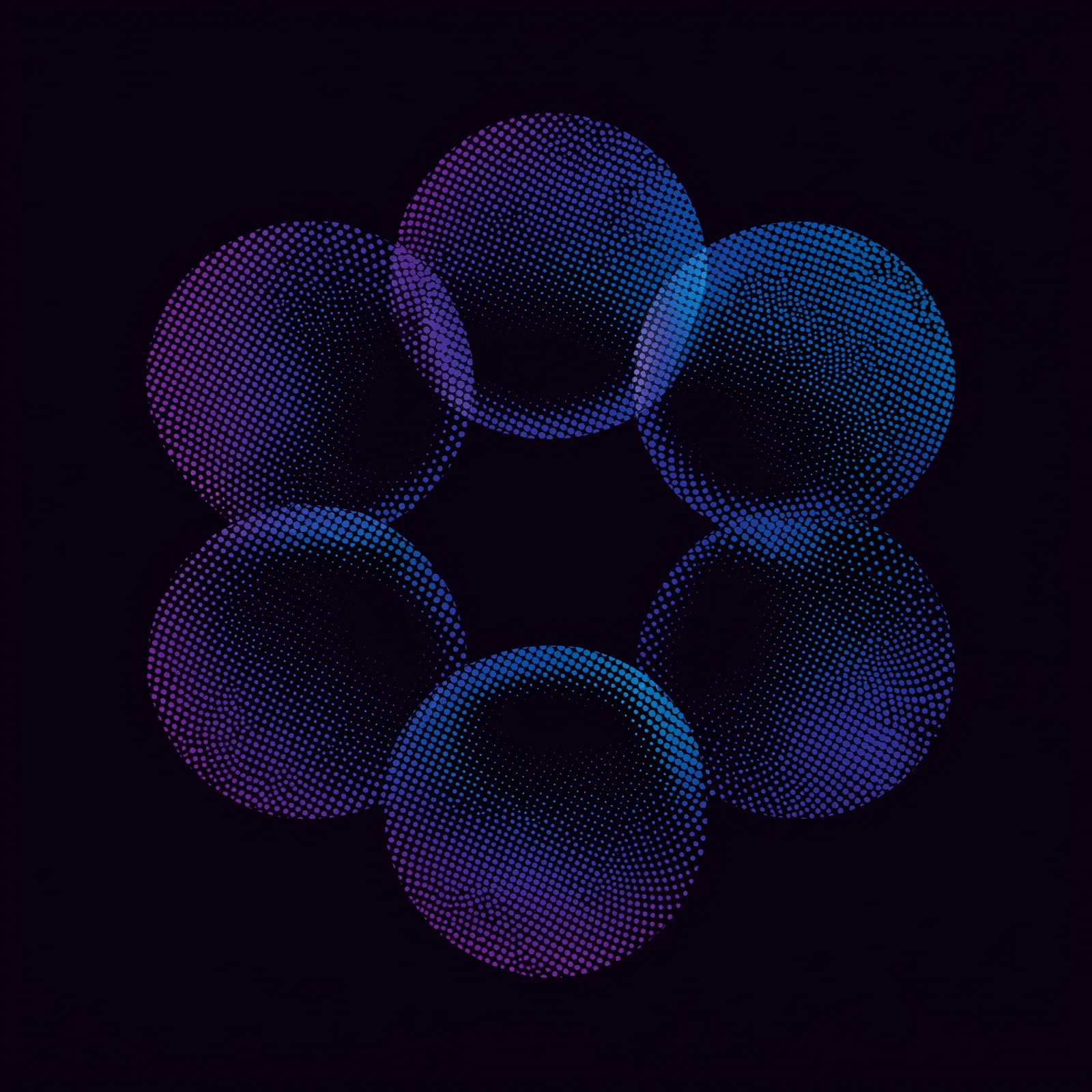 Abstract halftone art, dithered texture, deep blue and purple color palette, six interconnected geometric nodes or circl