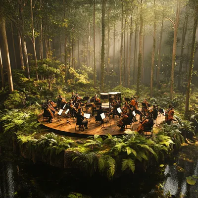 A fully equipped orchestra pit where musicians perform amid a lush, organic environment. The edges of the pit are lined 
