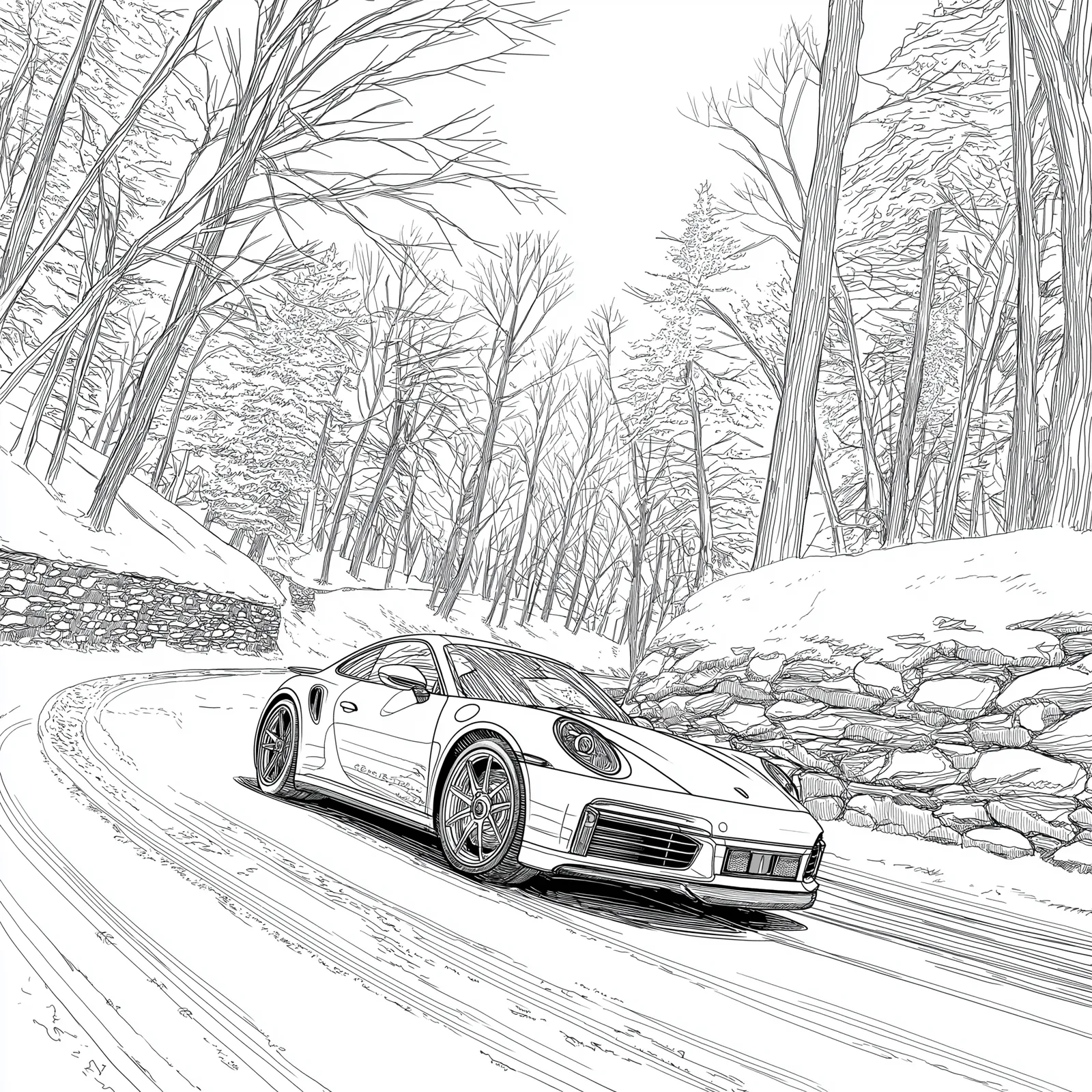 vintage automotive technical drawing style, simplified black ink line art, 2019 Porsche 911 Turbo S driving through a ge
