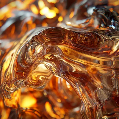 Explosive hyper-realistic close-up of molten glass. The material appears viscous, with intricate details of light refrac