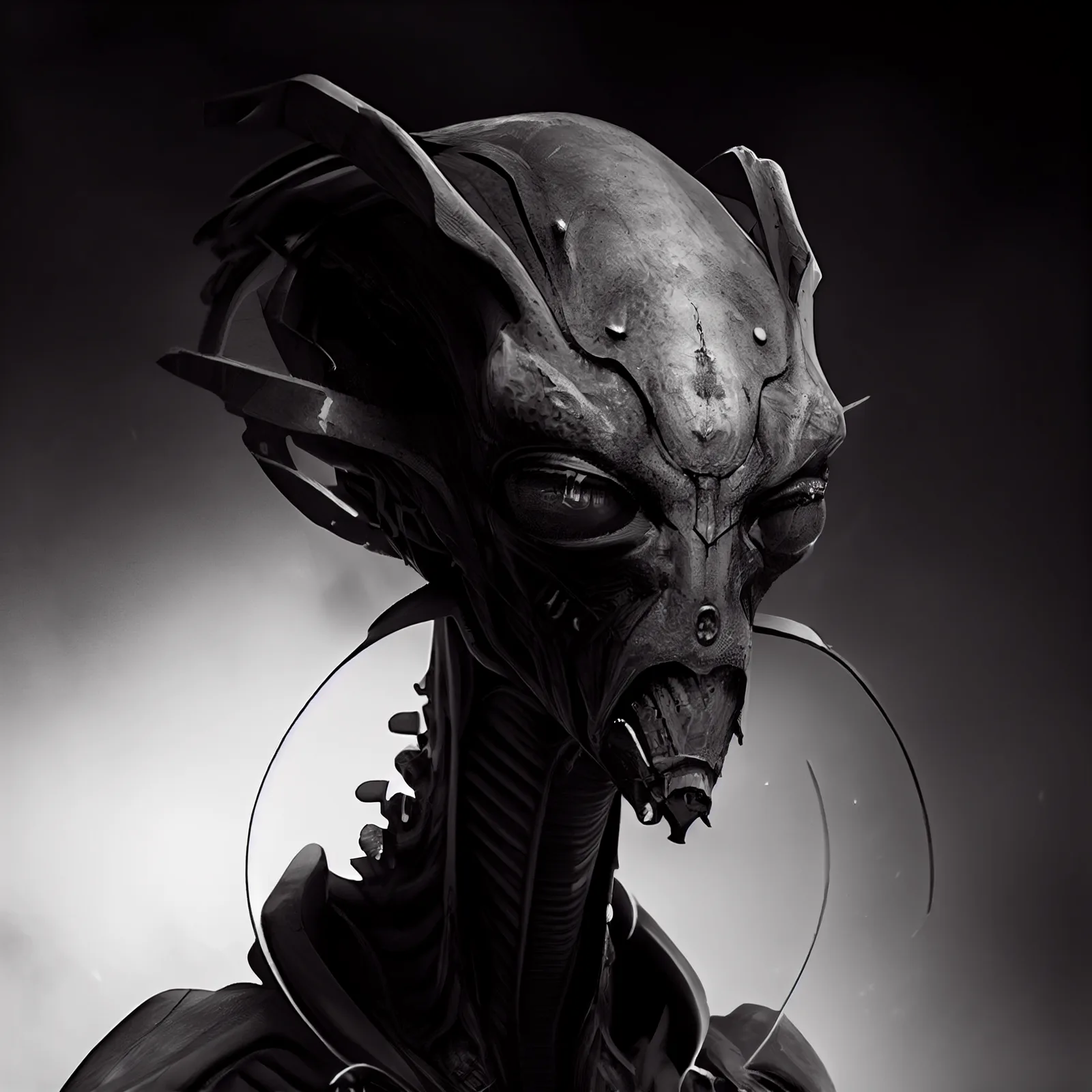 hyper realistic alien, no eyes, marauding, spaceship, noir --upbeta