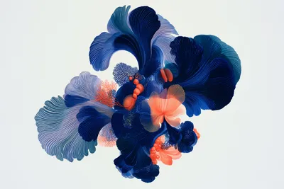 A single abstract botanical-coral specimen, a dynamic yet serene composition of overlapping petal ribbons, branching fro